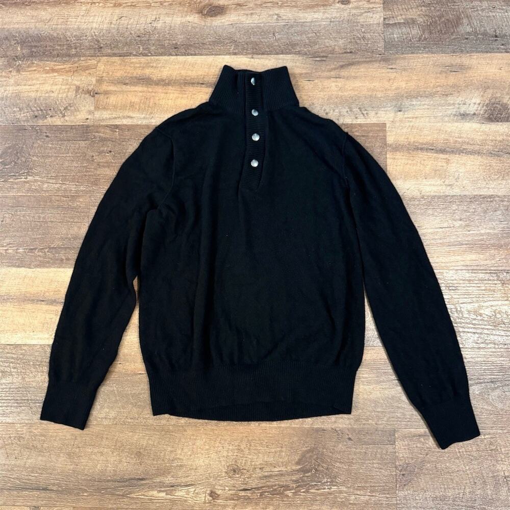 Banana Republic Sweater L Black Mock Neck Italian Merino Wool Snap Button Knit